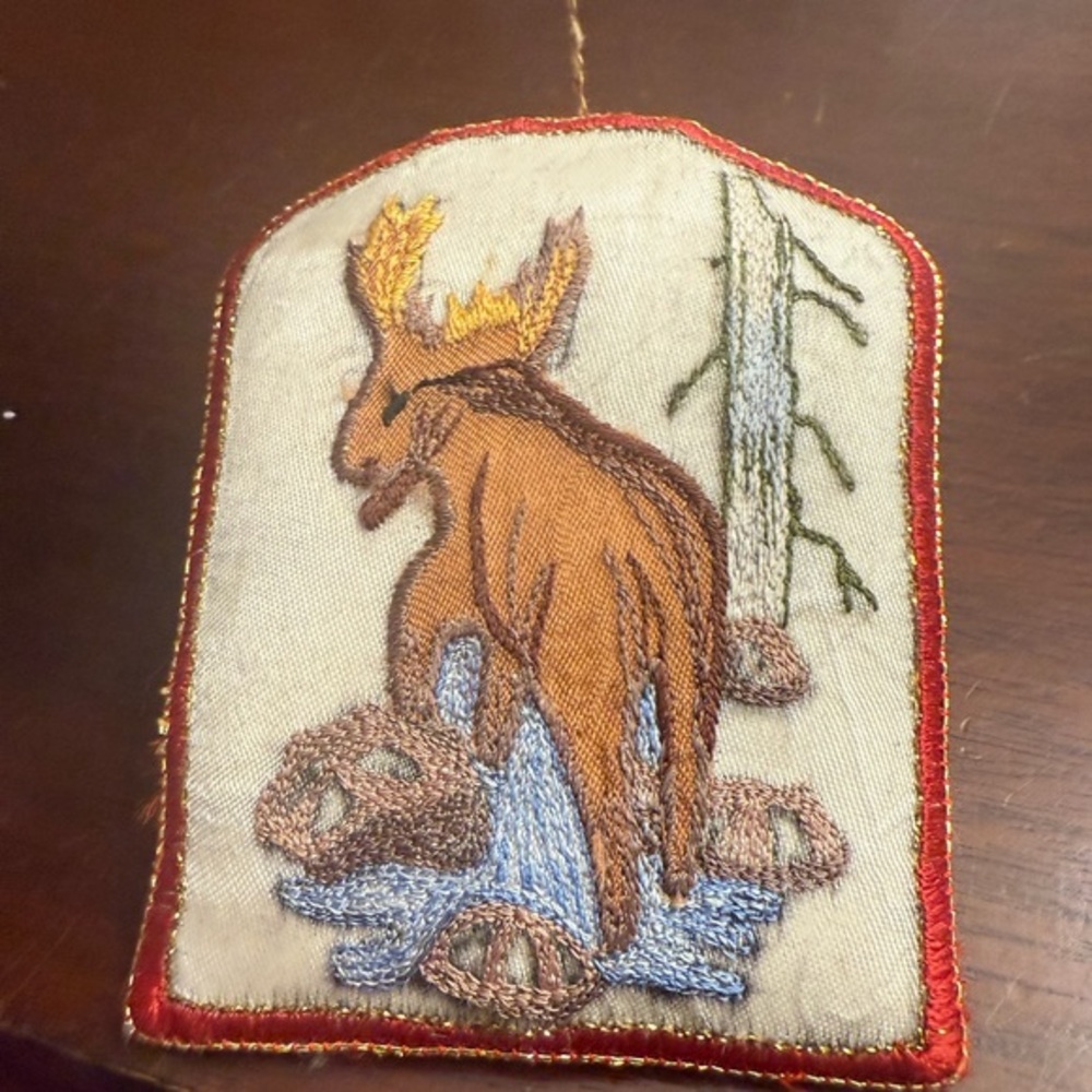 Embroidered Moose‎ Holiday Ornament - Red and Brown
